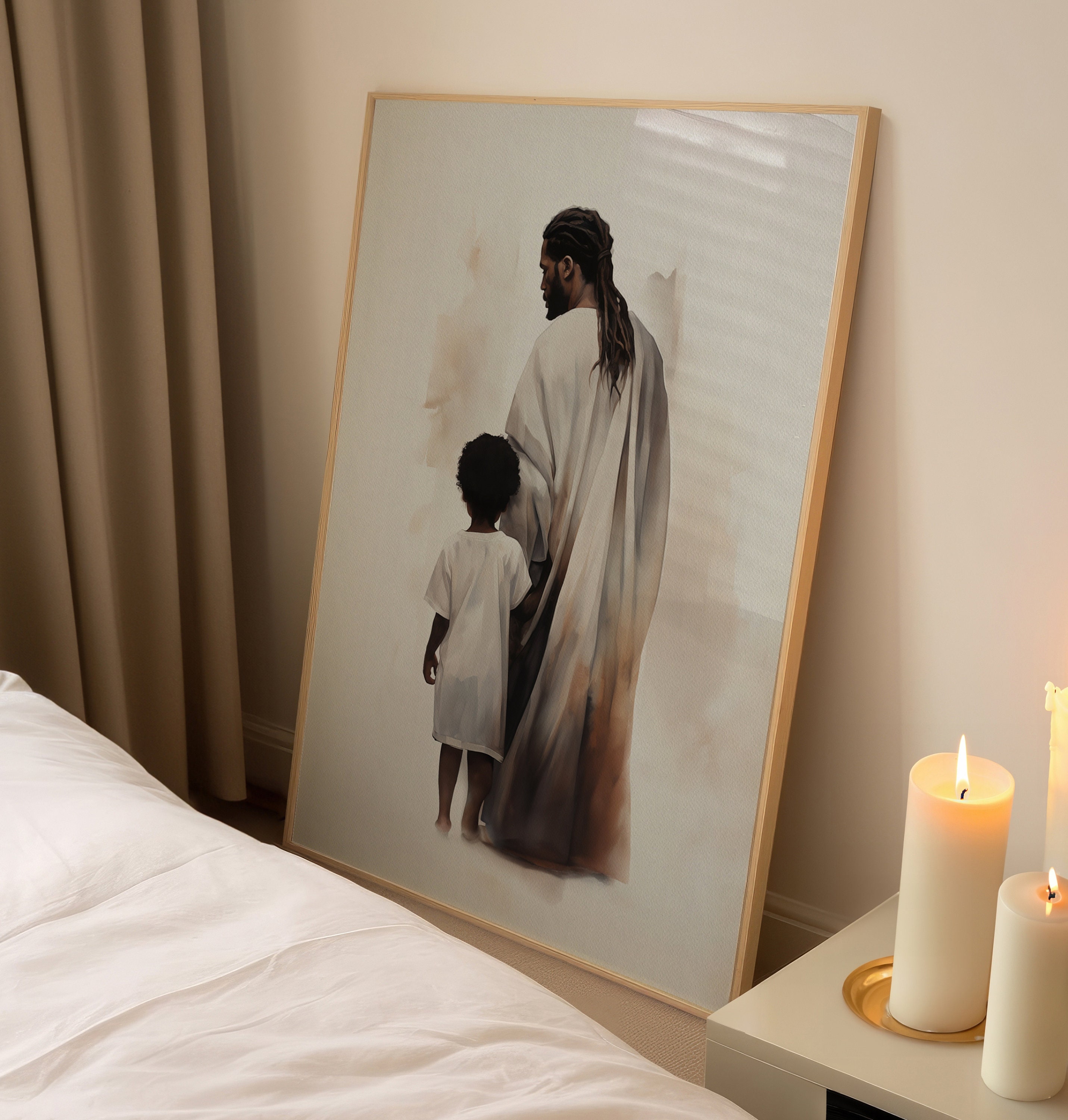 子供と歩く黒人のイエス・キリストのプリント 黒人の子供とイエスの