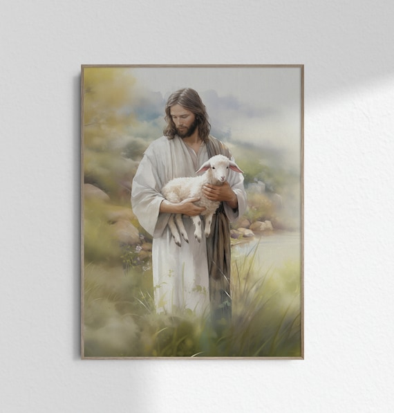 善き羊飼いのアート 子羊を抱くイエス・キリストのアート 迷える羊の