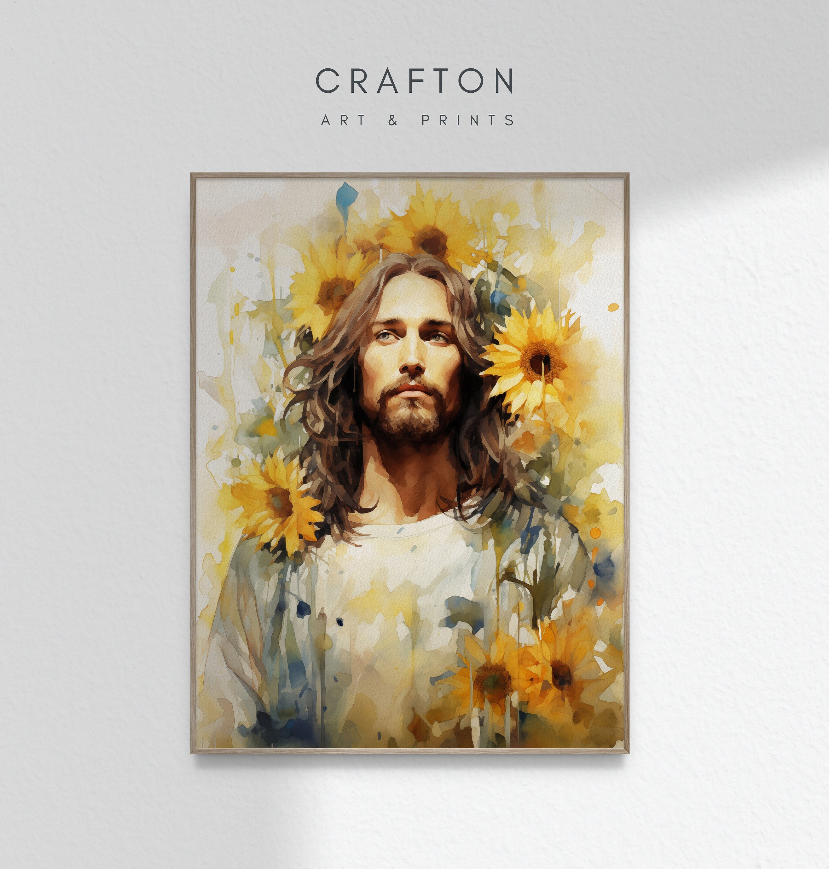 ひまわりとイエス・キリスト、花の水彩画、現代のキリスト教聖書の壁