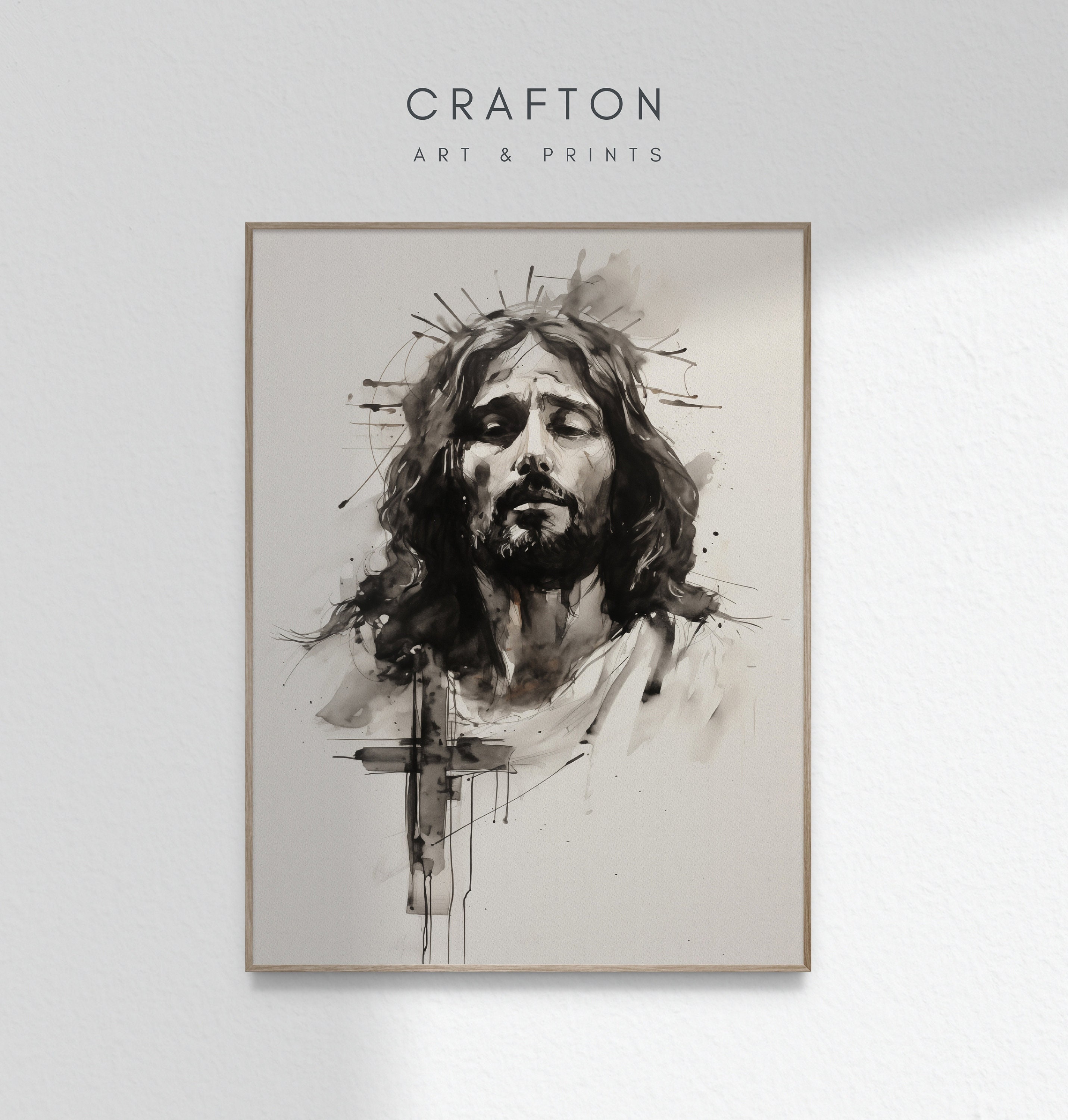 イエス・キリストと十字架、白黒モノクロ水彩画、キリスト教聖書の壁