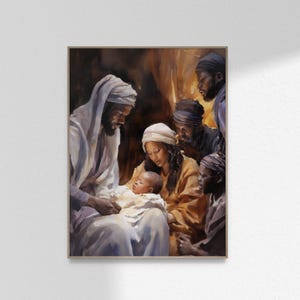 Nacimiento de Jesús, Cristo Negro, Escena de la Natividad Familiar, Pintura de Acuarela Cristiana, Arte de Pared Bíblico, Impresión, Póster, Imprimible, DESCARGA DIGITAL, JPG