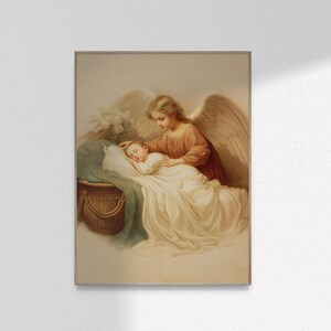 Engel beobachten schlafend Baby Kind, christliche Malerei Vintage Wand Kunst Kinderzimmer Kinder Zimmer Druck Poster Printable DIGITAL DOWNLOAD Jpg