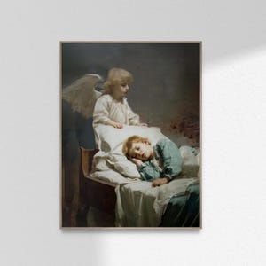 Vintage Schutzengel Wandbild, Engel beobachtet schlafendes Kind, christliche Malerei Kinderzimmer Kinder Zimmer-Druck-Poster DIGITAL DOWNLOAD Jpg