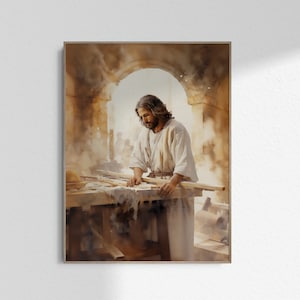 May include: A painting depicting Jesus Christ working as a carpenter. He is wearing a white robe and using a saw to cut a piece of wood. The painting is set in a workshop with tools and wood scattered around.