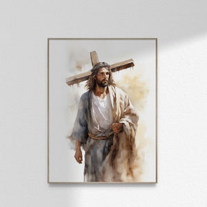 May include: A watercolour painting of a man carrying a wooden cross on his shoulders. He is wearing a long robe and a crown of thorns. The background is a soft, muted brown.