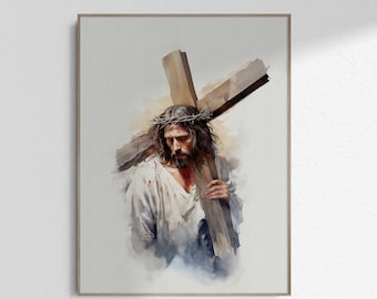 Jesus Carrying Cross Crucifixion of Jesus with Cross and Christ Painting Christian Bible Wall Art Print Poster Printable DIGITAL DOWNLOAD