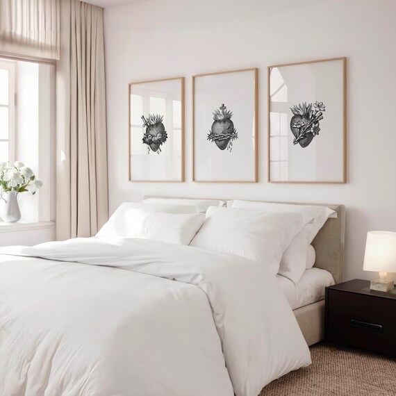 Three Hearts of the Holy Family Hearts Prints Set of 3, Black and White Wall Art Roman Catholic Art Set of 3 Artwork Poster DIGITAL ONLY