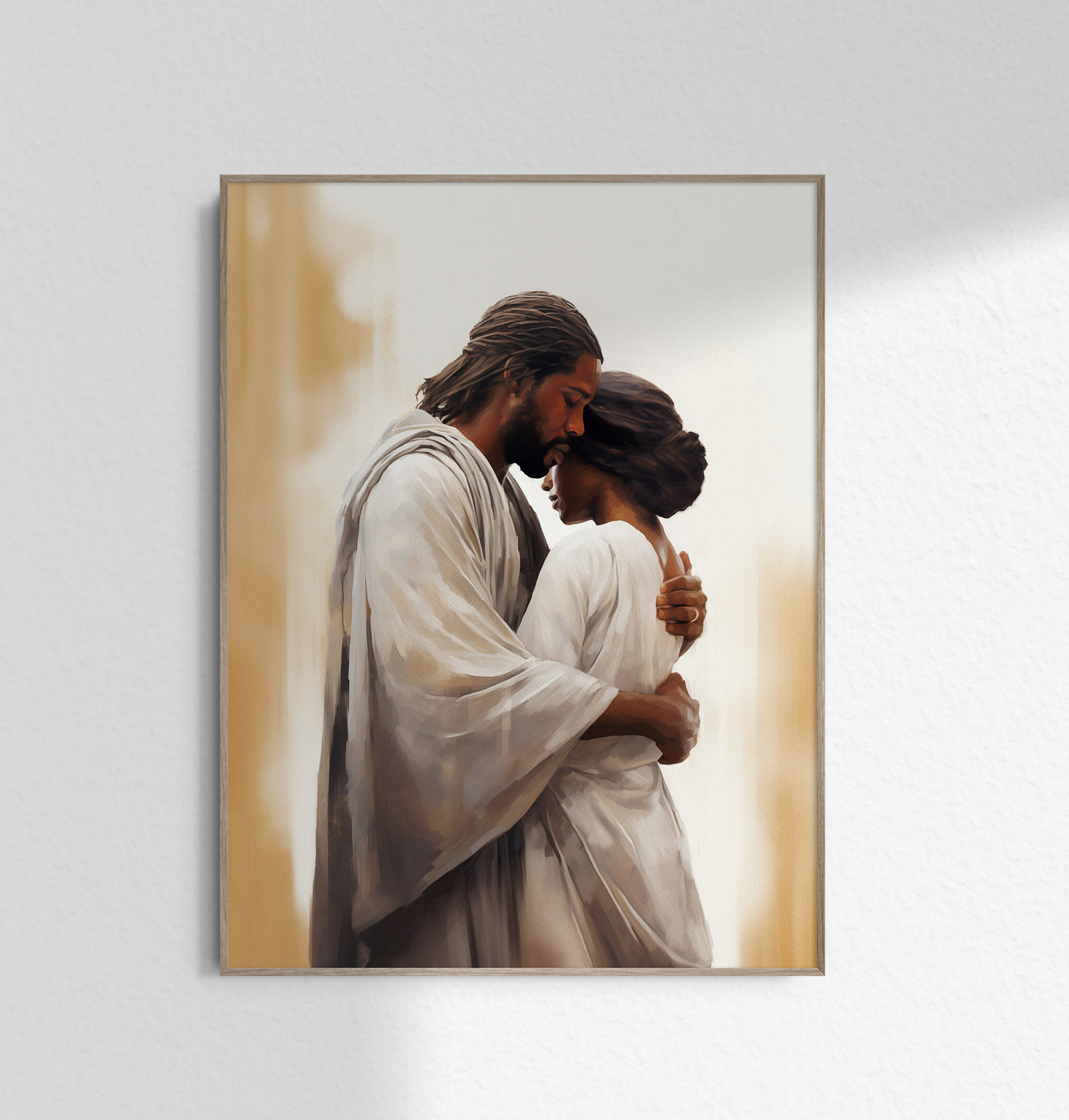 黒人のキリストの花嫁が女性を抱きしめる 黒人のイエスが女性を