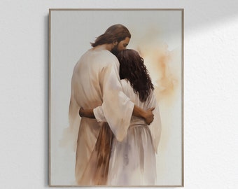 Jesus Hugging Woman Wall Art Jesus with Black Woman Jesus Embrace Woman Jesus Comforting Woman Christian Christ Painting  DIGITAL DOWNLOAD