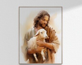 善き羊飼いのアート 子羊を抱くイエス・キリストのアート 水彩画