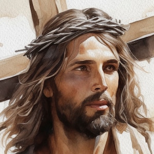 May include: A painting of a man with long brown hair and a beard. He is wearing a crown of thorns and looking to the right. The background is a light brown.