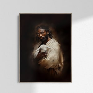 May include: A painting of a man with dark skin and a beard holding a white lamb in his arms. The man is wearing a light brown robe and has a dark background.