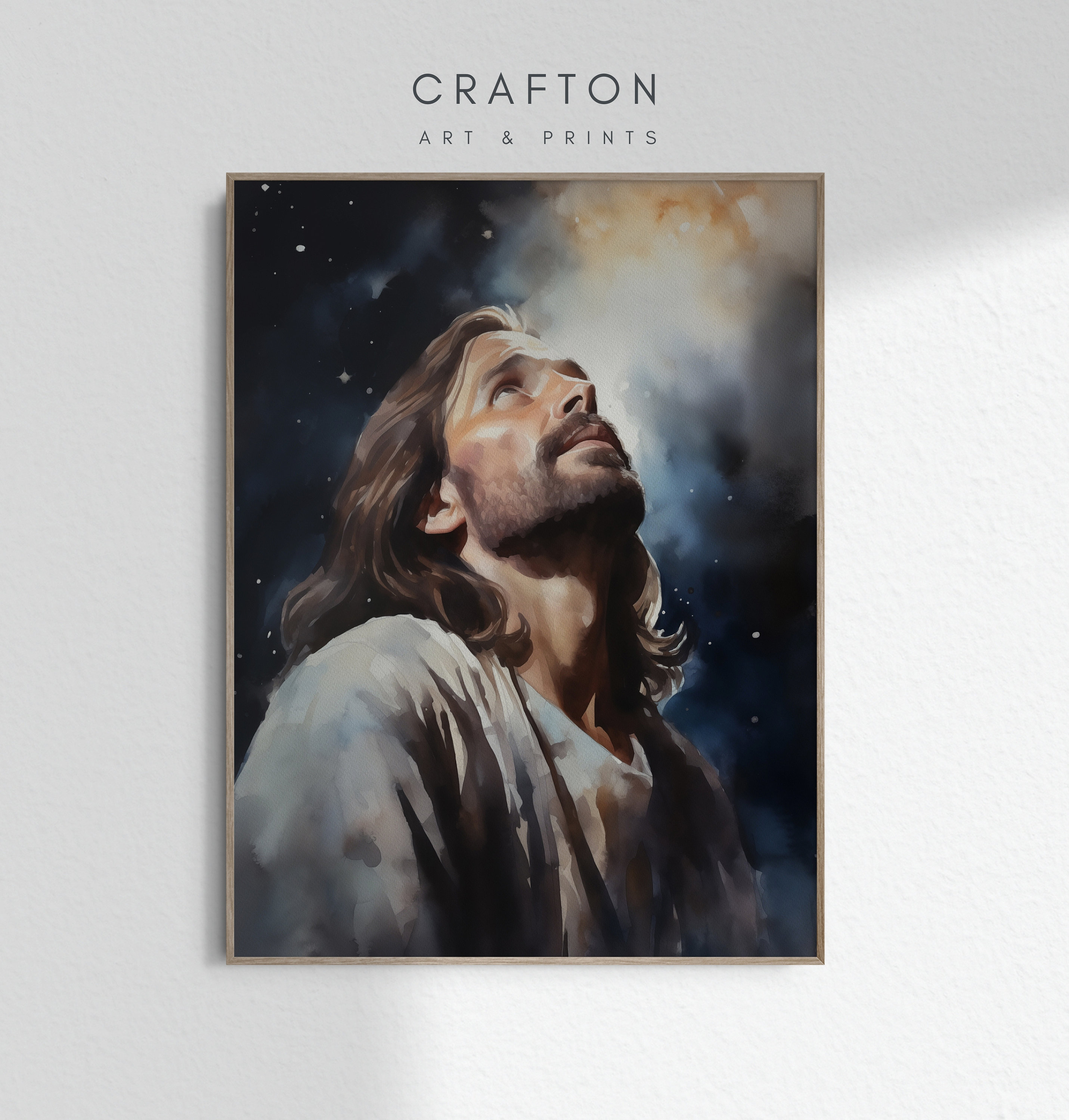 イエス・キリストが星を見つめ、夜空を見つめる天国のキリスト教絵画