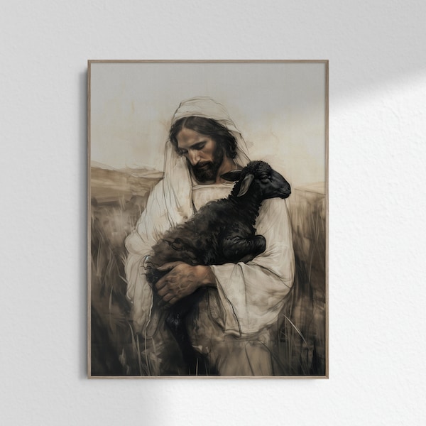 Christ Holding Black Sheep Jesus with a Black Lamb Christ with Lamb Outcast Wall Art Christ Watercolor Christian Printable DIGITAL DOWNLOAD
