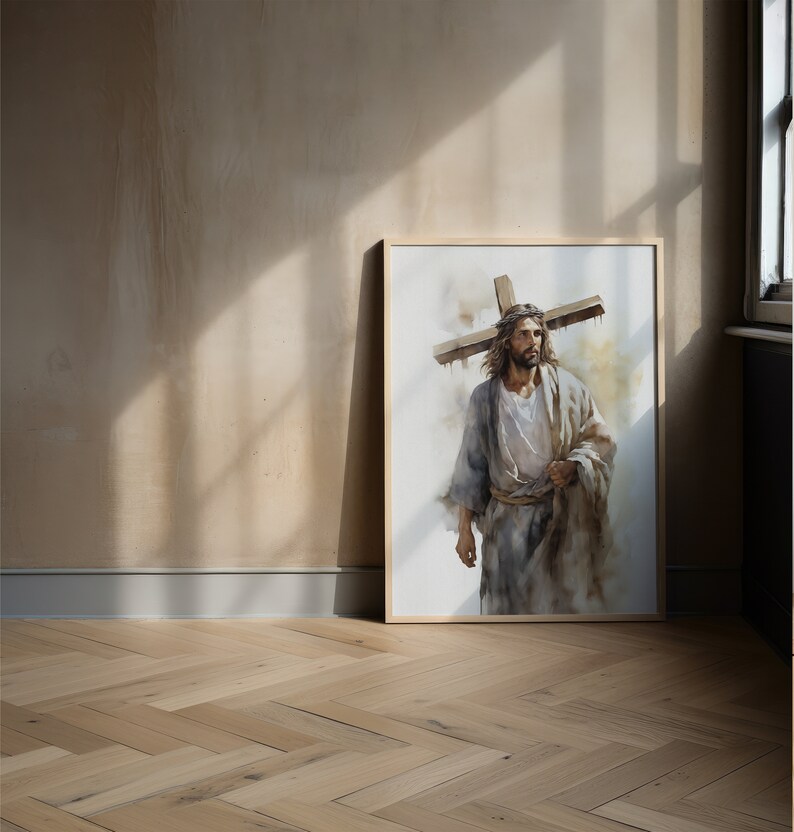 May include: A watercolour painting of a man carrying a wooden cross on his shoulders. He is wearing a long robe and has a crown of thorns on his head. The painting is set against a light brown background.