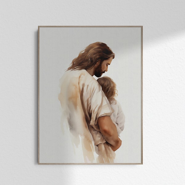 Jesus Holding Baby Art Jesus with Small Child Art Christian Dad Gift Christ Painting Wall Art Print Poster Printable DIGITAL DOWNLOAD Jpg