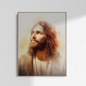 Retrato de Cristo sonriente de la imagen de Jesús, idea de regalo cristiano, pintura de acuarela Biblia pared arte impresión cartel imprimible DESCARGA DIGITAL JPG