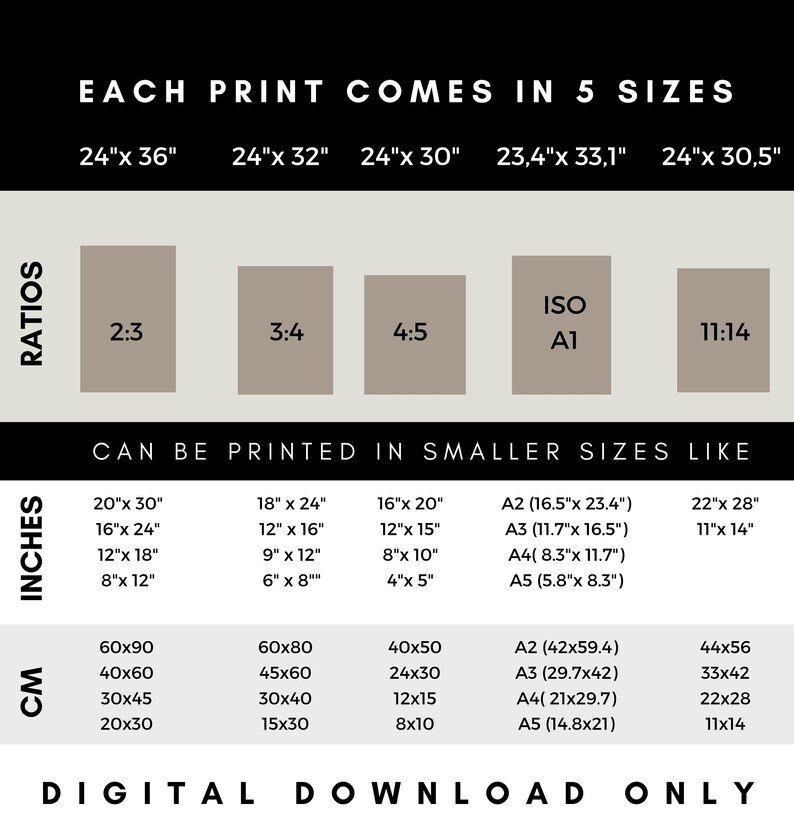 May include: A chart showing different print sizes and ratios for digital downloads. The chart includes both inches and centimetres. The text "EACH PRINT COMES IN 5 SIZES" is at the top of the chart. The text "CAN BE PRINTED IN SMALLER SIZES LIKE" is below the chart. The text "DIGITAL DOWNLOAD ONLY" is at the bottom of the chart.