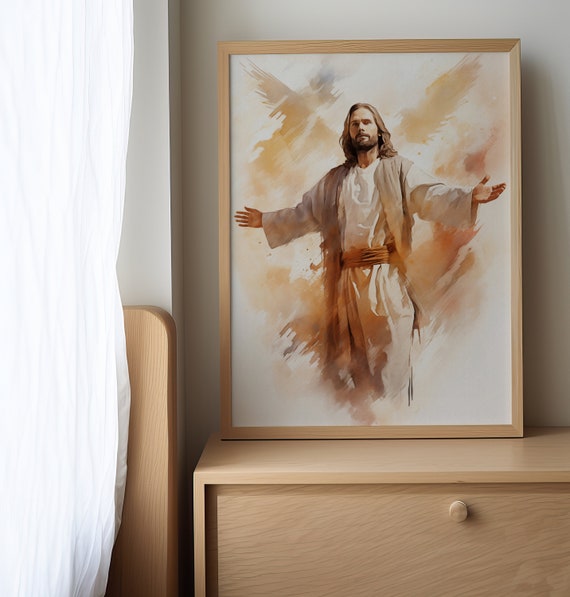 平和は静まり、翼を持つイエス・キリスト、キリスト教の救世主水彩画