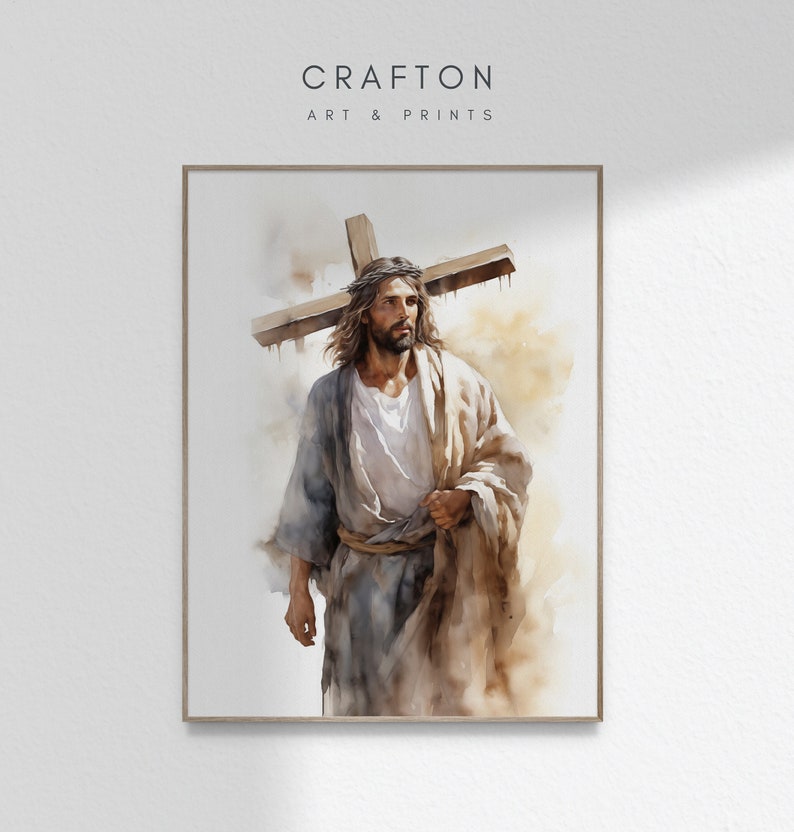 May include: A watercolour painting of Jesus carrying a wooden cross. He is wearing a white robe and a crown of thorns. The background is a soft brown and beige.