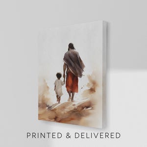 May include: Watercolor print of a person in a brown shawl and orange garment holding hands with a child in a white garment. The figures walk on a brown, textured surface. The text "PRINTED & DELIVERED" is at the bottom.