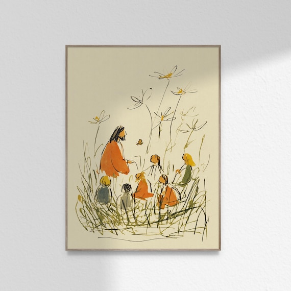 Jesus Christ With Children Nursery Art, Jesus with Kids Illustration Bible Christian Art, Printable Digital Wall Art DIGITAL DOWNLOAD
