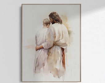 Jesus with Young Man Art Jesus Hugging Teenage Boy Art, Embrace Jesus Comforting Christian Christ Painting Wall Art DIGITAL DOWNLOAD