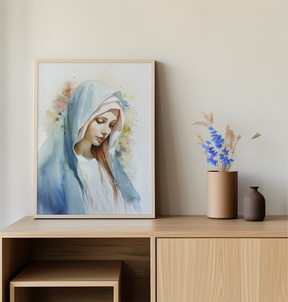 聖母マリア、神の母、聖母マリア、キリスト教の水彩画、聖書、壁アート