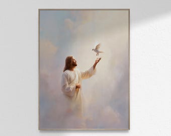 イエスと白い鳩のアート、キリスト教の平和の鳩のアート、キリストの