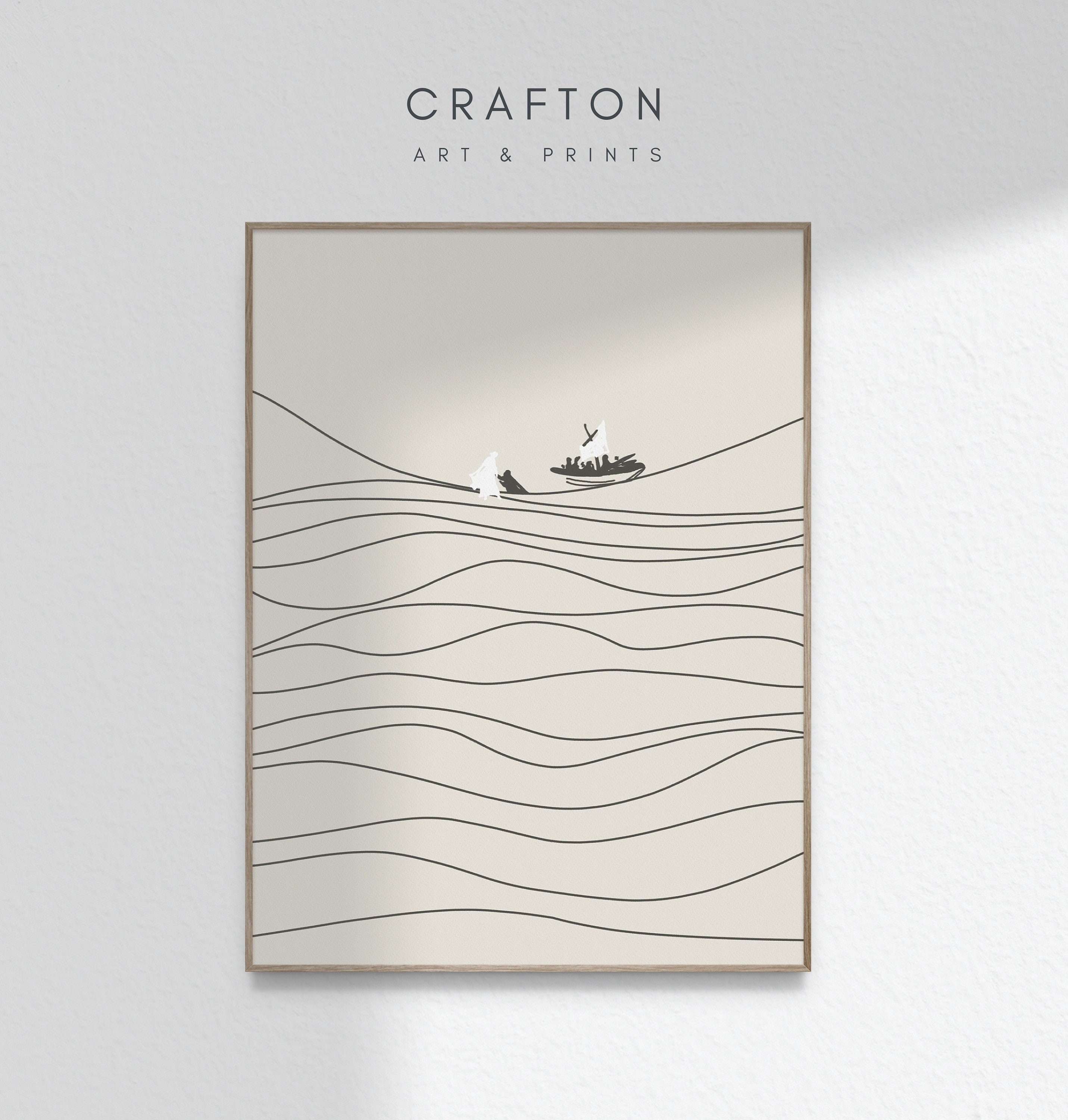 Jesus Walking on Water Saves Peter, Grey Beige White Christian Bible Modern Sketch Painting Print, Printable Wall Art DIGITAL DOWNLOAD