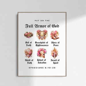 Zet de volledige wapenrusting van God aan roze bloemen christelijke kwekerij Wall Art Print cadeau voor meisjes doop cadeau poster afdrukbare digitale DOWNLOAD