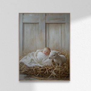 Niño Jesús en un pesebre con cordero, nacimiento de Cristo, pintura cristiana, arte de pared bíblico, impresión, póster, descarga digital imprimible