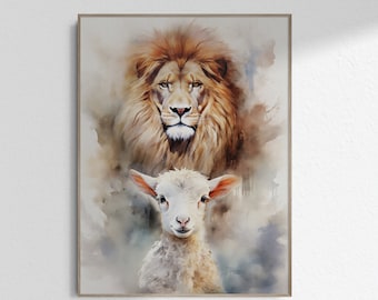 Lion and Lamb Art Lamb and Lion of Judah, John 1 Wall Art, Christian Lion Bible Art Print Painting Poster Printable DIGITAL DOWNLOAD Jpg