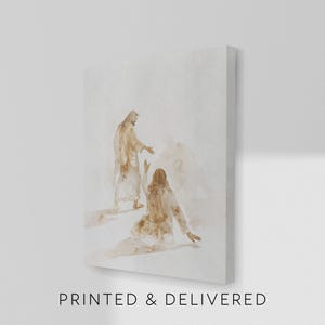 May include: Canvas art print featuring a watercolor painting of two figures in flowing robes. One figure stands, extending a hand, while the other kneels with arms raised. The text "PRINTED & DELIVERED" is printed at the bottom of the canvas.