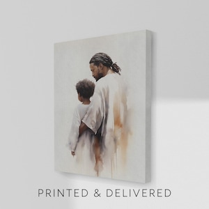 May include: A canvas print featuring a watercolor painting of a parent and child in white robes, with the text "PRINTED & DELIVERED" at the bottom. The artwork depicts a tender moment between the two figures, with soft, blended colors.