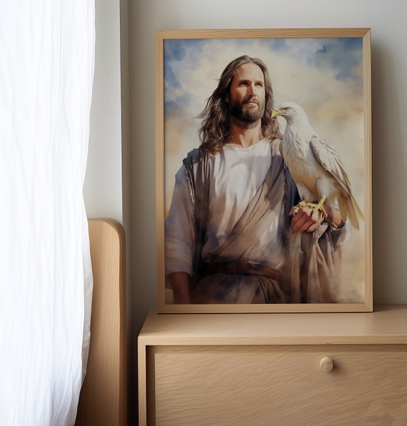 白い鷲を抱くイエス・キリスト、愛国的な鳥愛好家のキリスト教の水彩画