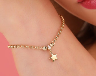 Women Gold Star Bracelet, 14K Solid Gold Jewelry, Celestial Star Bracelet for Gift, Chic Jewelry, Custom Gold Charm Bracelet for Anniversary