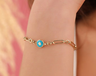 Solid Gold Bracelet with Blue Star, 14K Gold Star Jewelry, Dainty Bracelet for Girl, Women Shiny Chain Jewelry, Custom Gold Bracelet for Her