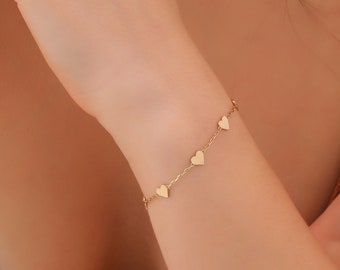 14K Gold Heart Bracelet, Initial Heart Bracelet, Dainty Heart Bracelet, Solid Gold Bracelet, Heart Jewelry, Gift For Jewelry, Valentine Day