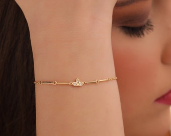 14K Solid Gold Lotus Armband, Glitzer Kette Schmuck für Frauen, Echt Gold Braut Armband, zierlicher Schmuck für Mädchen, Kleines Hochzeitsgeschenk