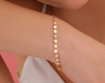 Women Solid Gold Star Bracelet, 14K Real Gold Jewelry, Celestial Star Bracelet for Gift, Dainty Jewelry, Gold Bracelet for Anniversary Gift