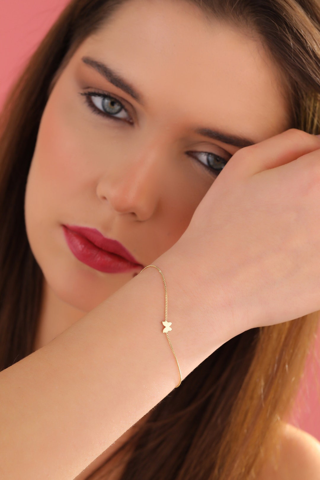 Handmade Solid Gold Butterfly Bracelet, 14K Gold Animal Jewelry, Sparkly Bracelet, Chic Gold