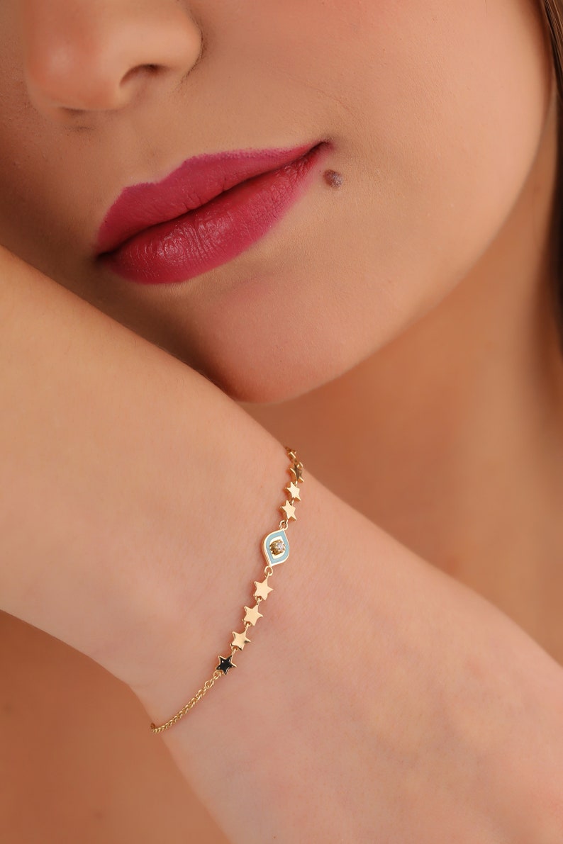 Women Gold Bracelet with Blue Eye, 14K Solid Gold Jewelry, Dainty Star Bracelet for Gift, Chic Jewelry, Custom Gold Bracelet for Anniversary image 2