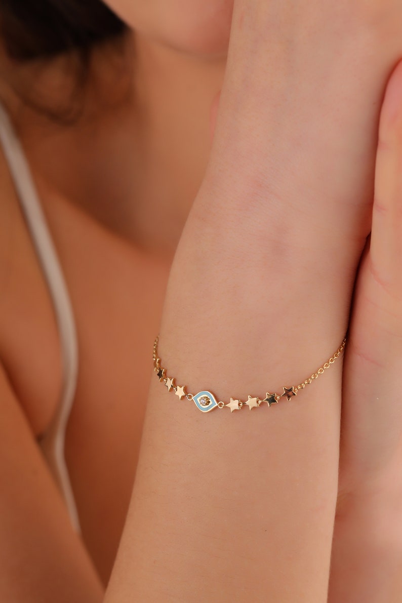 Women Gold Bracelet with Blue Eye, 14K Solid Gold Jewelry, Dainty Star Bracelet for Gift, Chic Jewelry, Custom Gold Bracelet for Anniversary image 3