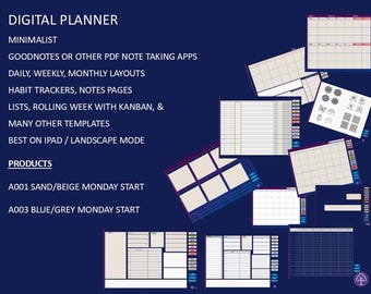 A003|Full Year Digital Planner | BlueGrey|iPad Planner|GoodNotes | Landscape