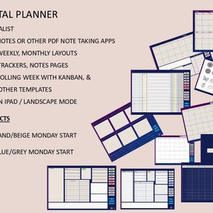 May include: Digital planner with minimalist design, compatible with Goodnotes and other PDF note-taking apps. Includes daily, weekly, and monthly layouts, habit trackers, and notes pages. Best used on iPad in landscape mode. Available in sand/beige and blue/grey Monday start options.