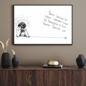 May include: Monochrome framed art print depicting a woman with a chaotic scribble around her head and handwritten text. The artwork is displayed above a wooden cabinet with decorative vases.