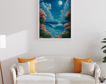 Moonlit Ocean Bloom – Dreamy Night Wave Digital Print