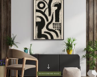 Labirinto monocromático – Arte de parede moderna abstrata em preto e branco