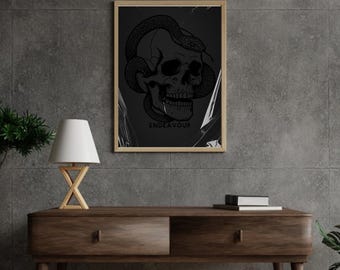 Endeavour Skull & Serpent | Gothic Dark Art Print | Snake Wrapped Skull Wall Decor | Tattoo-Inspired Minimalist Poster